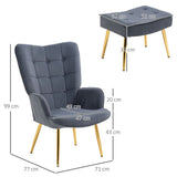 Button Tufted Armchair with Footstool and Gold Tone Steel Legs Dark Grey