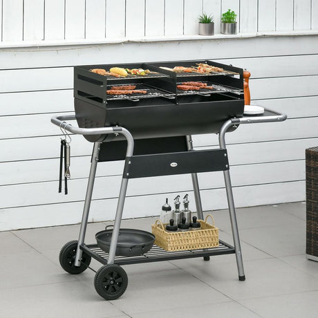 Outsunny Charcoal BBQ Grill with Double Grill, Table, Storage Shelf and Wheels