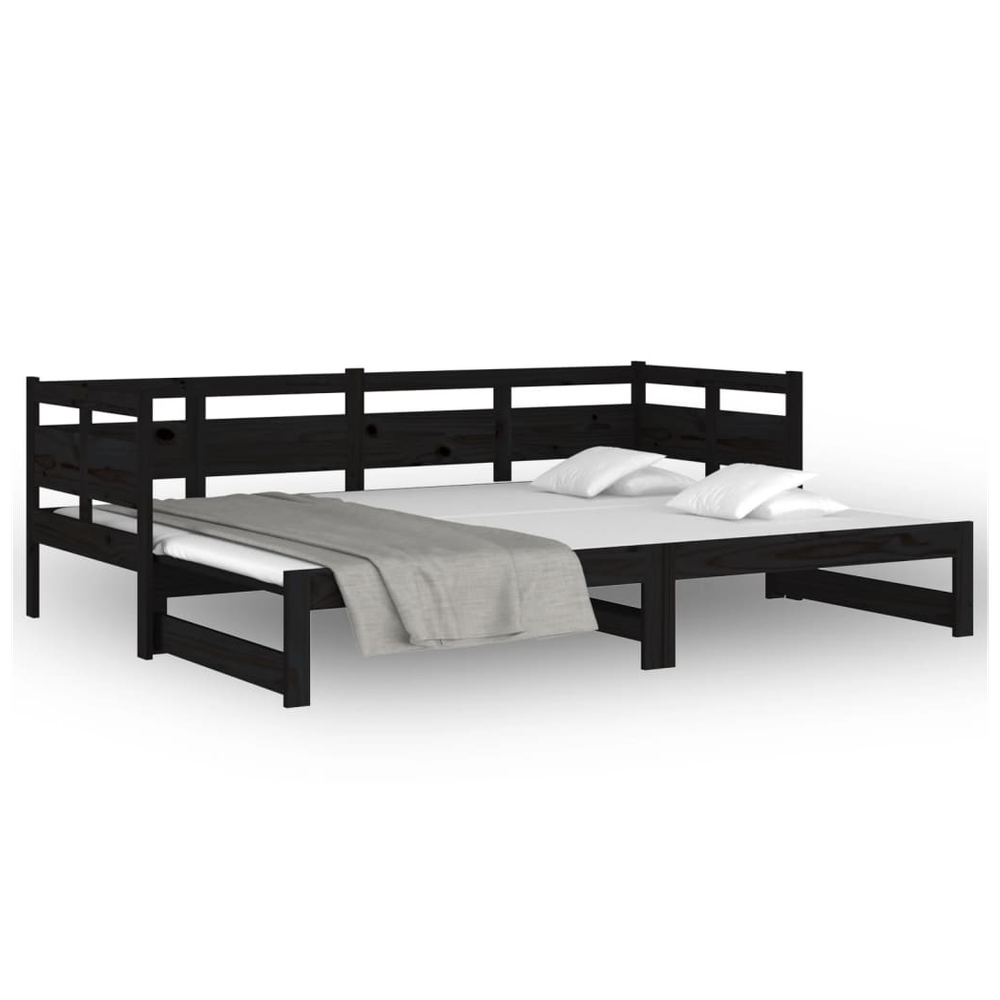 Pull-out Day Bed Black Solid Wood Pine 2x(90x200) cm