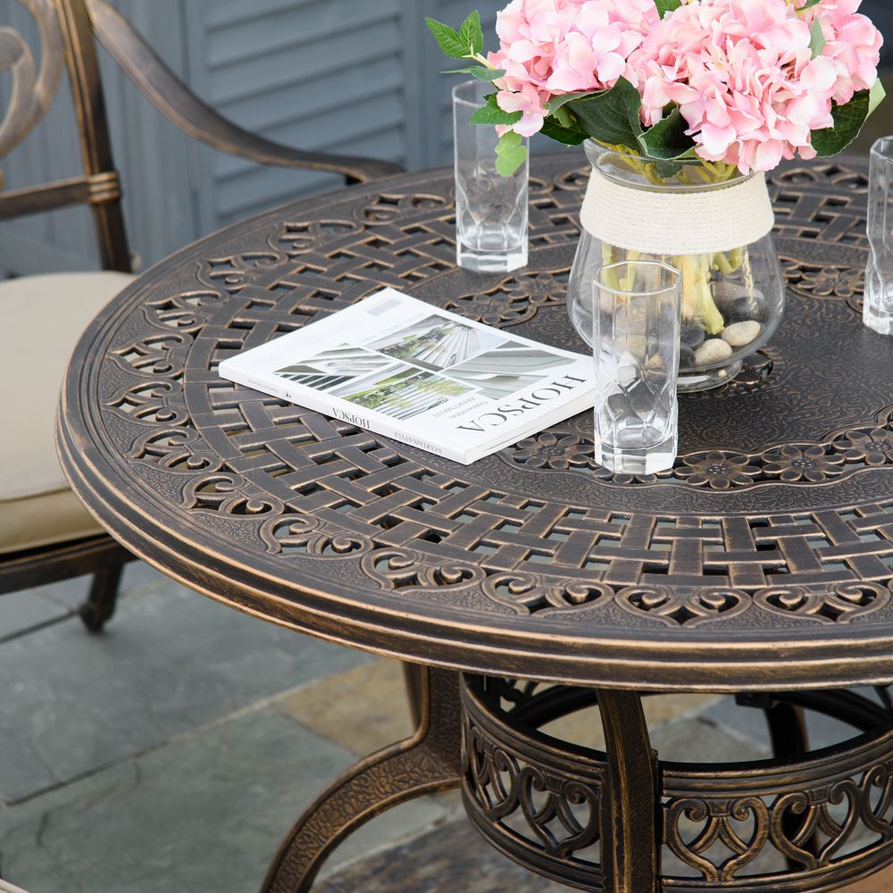 4 Seater Dining Set with Cushions Round Dining Table with Parasol Hole, Bronze