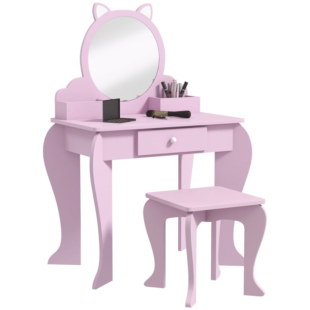 ZONEKIZ Kids Dressing Table Cat Design with Mirror Stool, Drawer, Storage Boxes