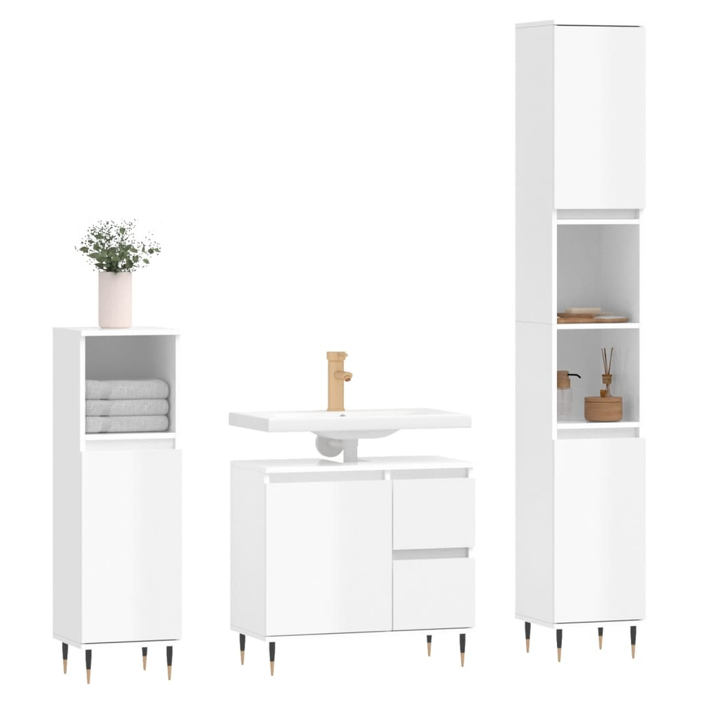 3 Piece Bathroom Furniture Set High Gloss White Engineered Wood