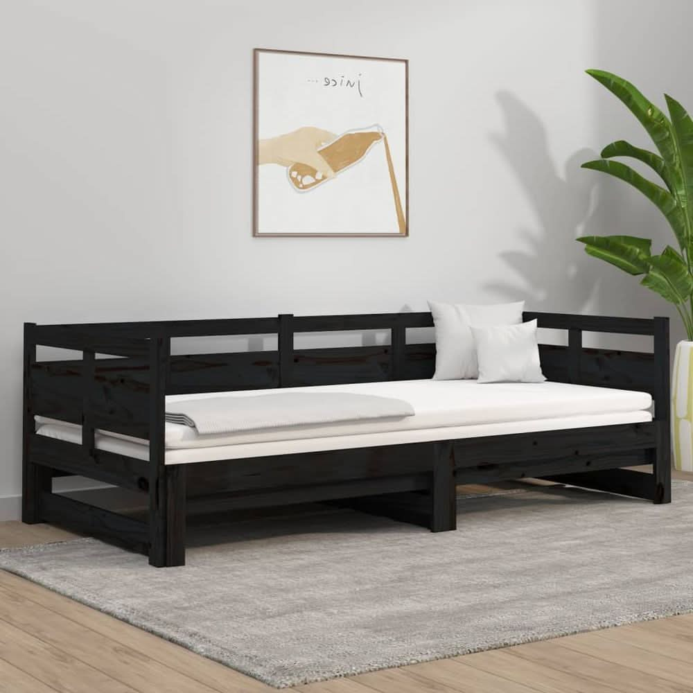 Pull-out Day Bed Black Solid Wood Pine 2x(90x200) cm