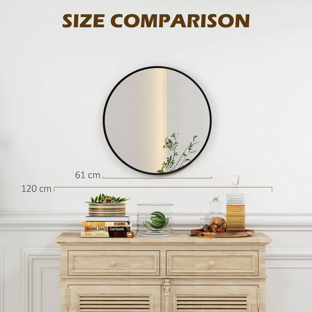 Wall Mirror for Living Room Bedroom, 61 cm Circle Bathroom Mirror, Black