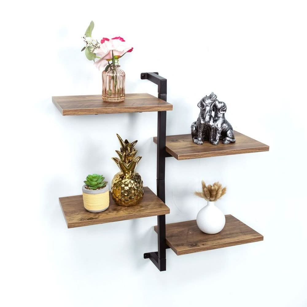 4 Tier Dark OAK Tall Multi Section Wall Shelf with Black Frame - PARGI