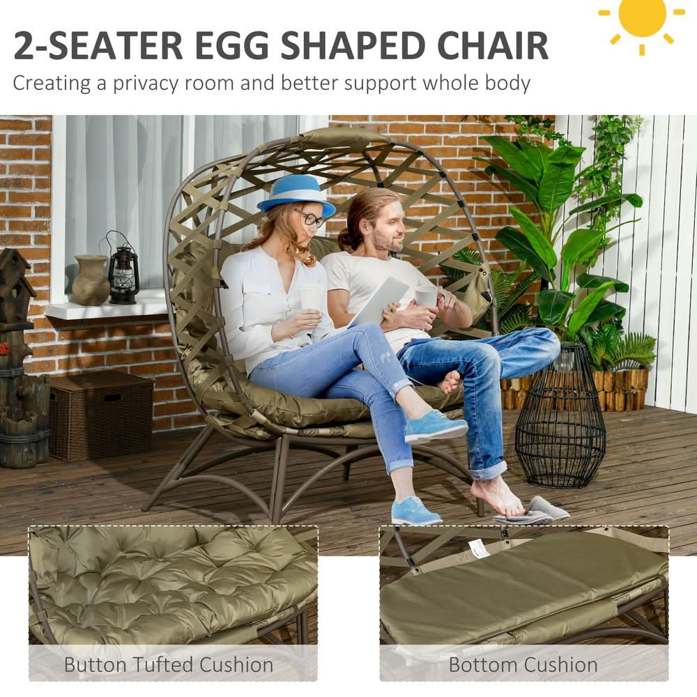 Outsunny 2 Seater Egg Chair Outdoor with Cushion, Cup Pockets - Khaki