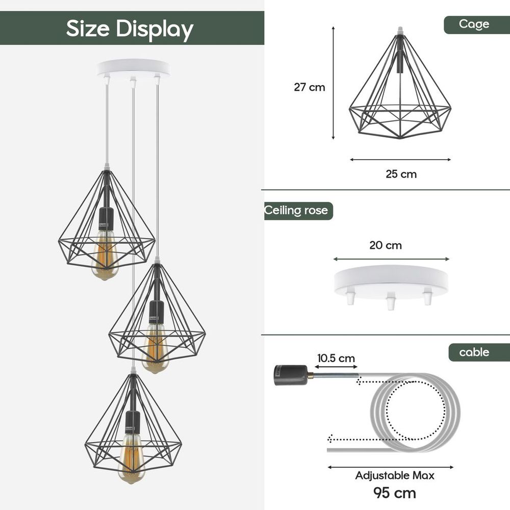 3 Head Round Base Vintage Industrial E27 Ceiling Hanging Light Cage Shade Loft Style Metal Ceiling Pendant Lamp