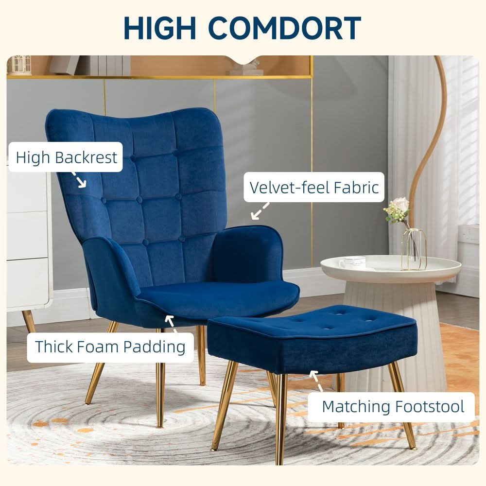 Button Tufted Armchair with Footstool and Gold Tone Steel Legs Dark Blue