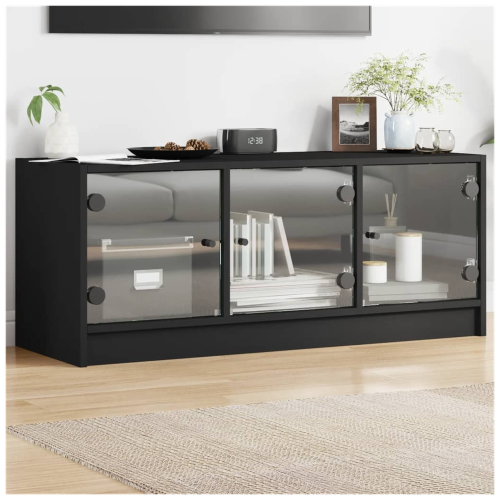 TV Cabinet with Glass Doors Black 102x37x42 cm