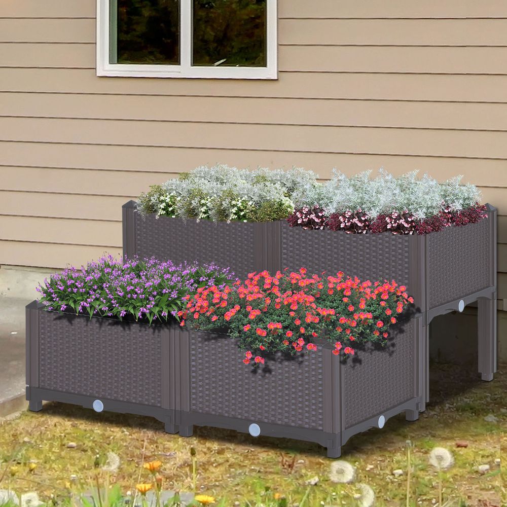 PP Set Of 4 Raised Outdoor Garden Planter Box Brown & Grey