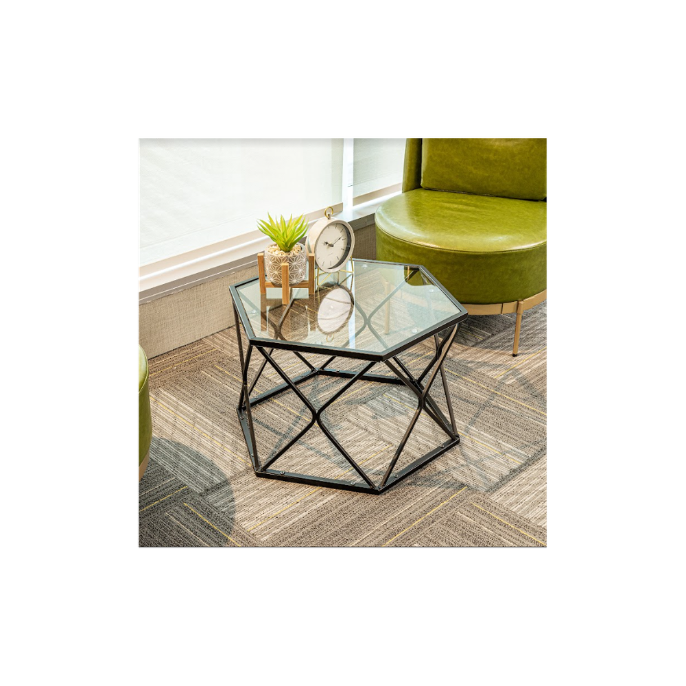 Hexagon Tempered Glass  Black Coffee Side Table (Big) - SLENDER