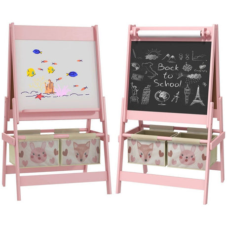 Kids Easel with Paper Roll, Blackboard, Whiteboard, Storage, Pink