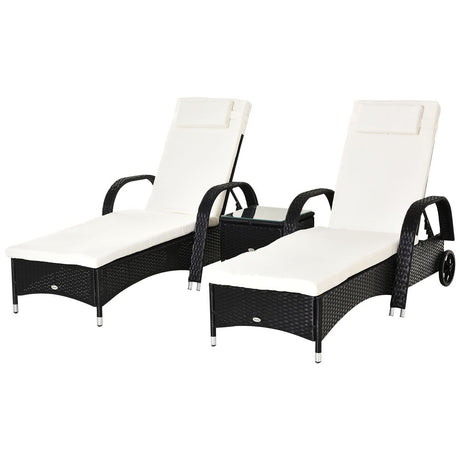 Garden Rattan Furniture 3 PC Sun Lounger Recliner Set & Side Table Patio Wicker