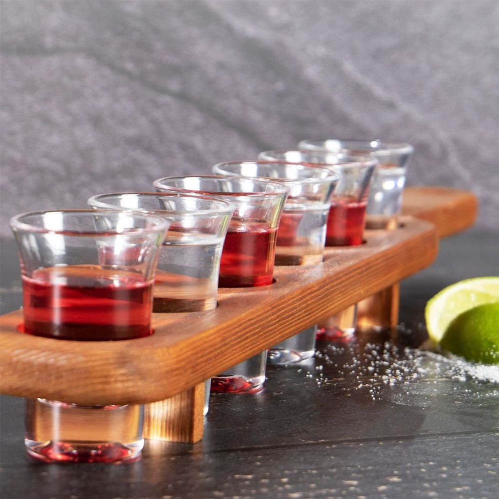 Wooden Drinks Paddle with 6 Shot Glasses | M&W