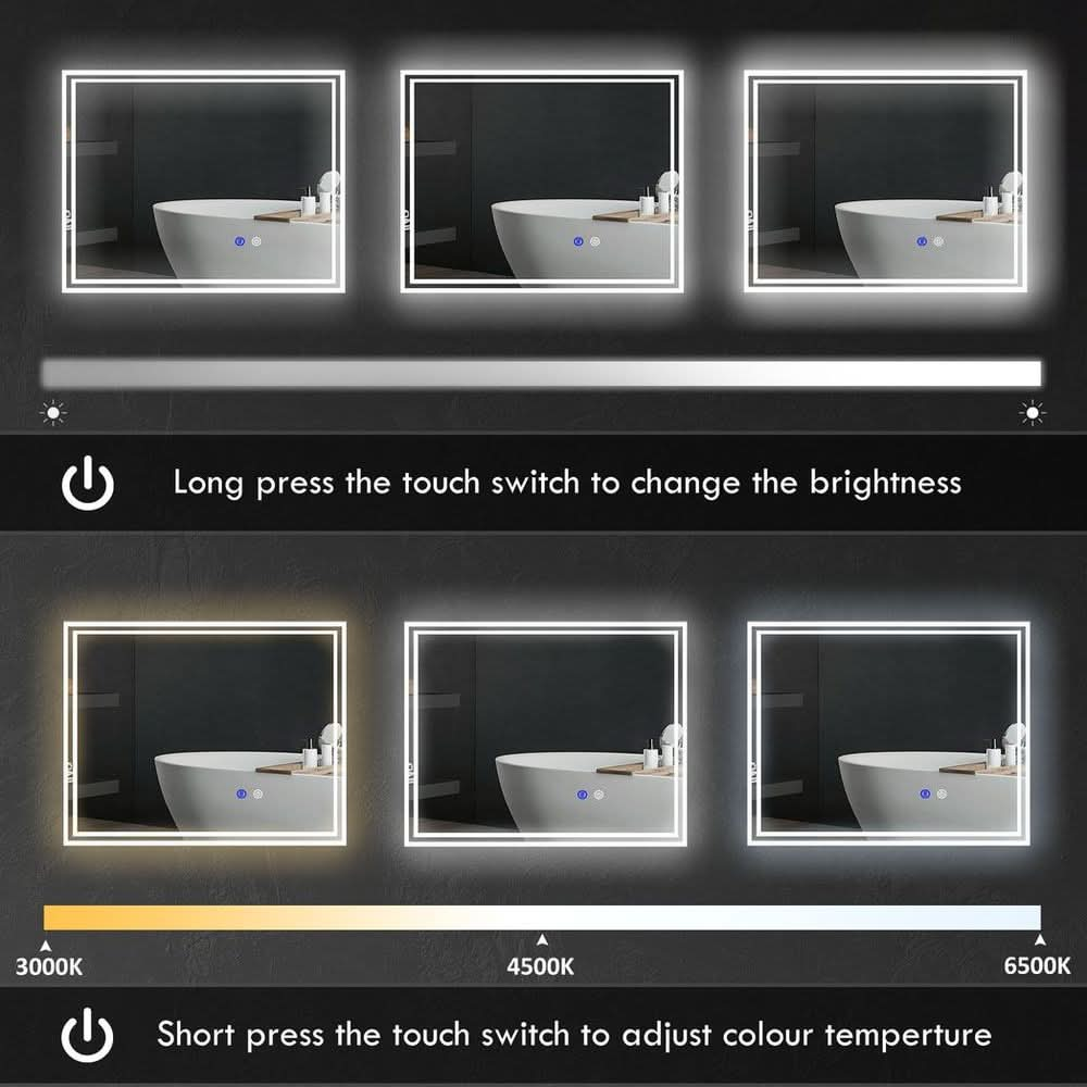 Dimmable Bathroom Mirror with LED Lights, 3 Colours, Defogging Film