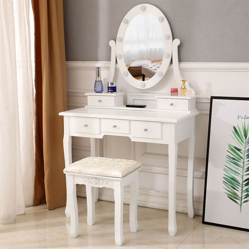 With Light Bulb Single Mirror 5 Drawer Dressing Table White