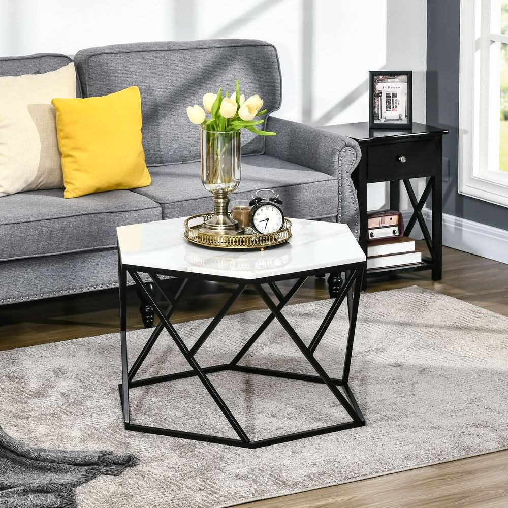 Coffee Table Cocktail Table  High Gloss Marble Top Steel Frame White HOMCOM