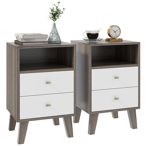 Bedside Tables Set of 2, Modern Nightstand with 2 Drawers and Open Cubby