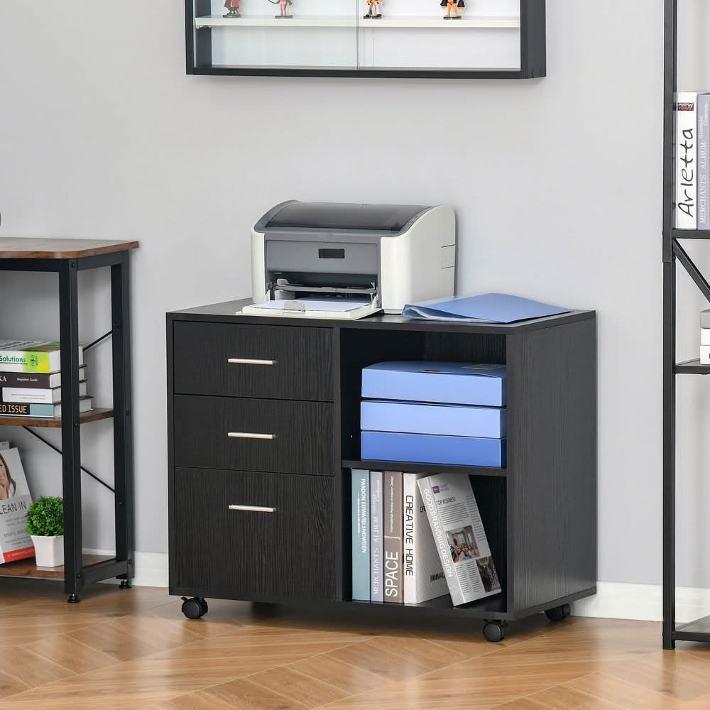 Freestanding Storage Cabinet  3 Drawers 2 Shelves 4 Wheels Office Black