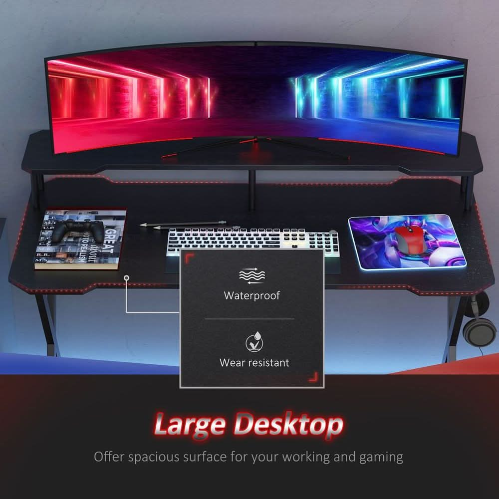 Gaming Computer Desk Writing Table w/ Headphone Hook Curved Front