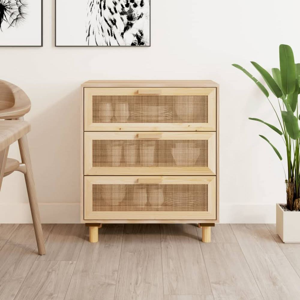 Sideboard White 60x30x70 cm Solid Wood Pine and Natural Rattan