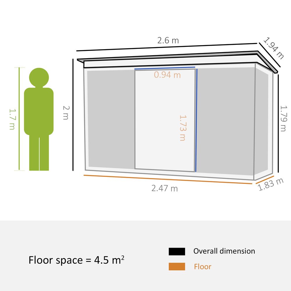 Pent Roofed Metal Garden Shed Foundation and Vent 260x194x200cm Green