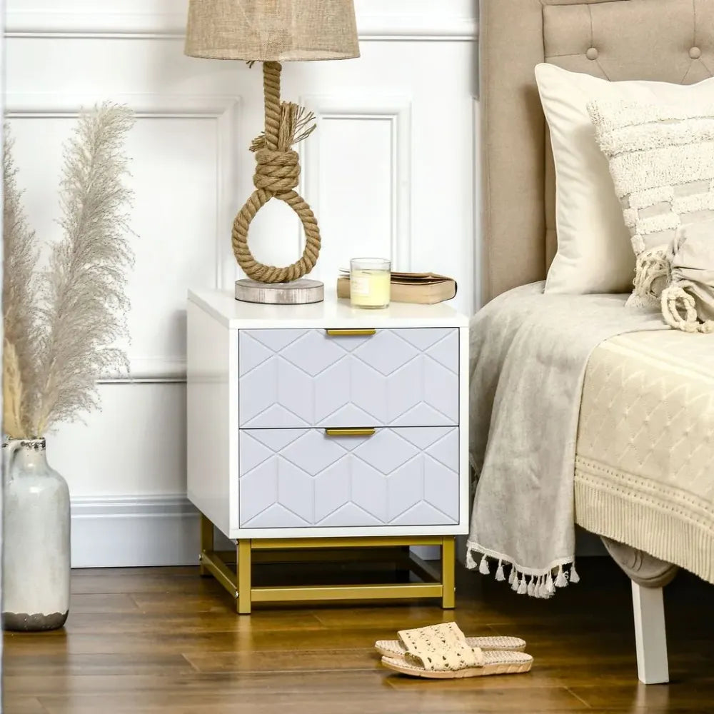 Bedside Table with 2 Drawers Side End Table Steel Frame Living Room Bedroom