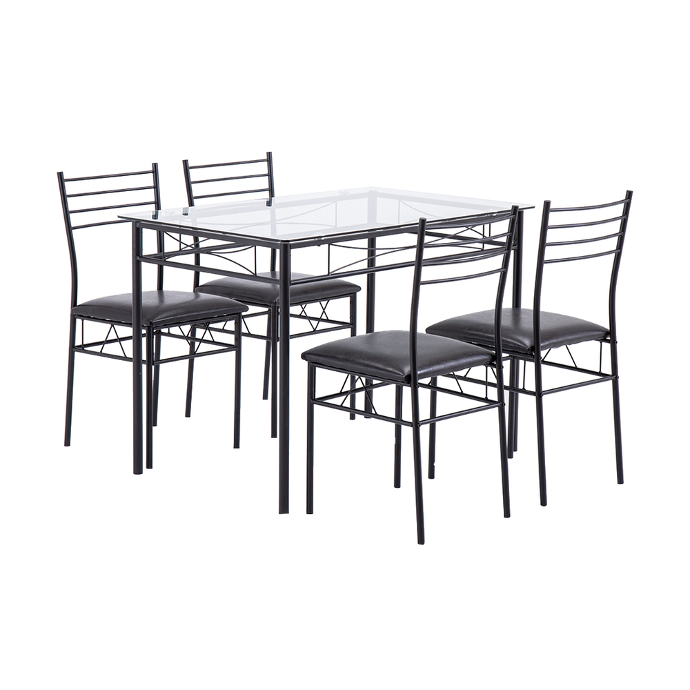 [110 x 70 x 76cm] Iron Glass Dining Table and Chairs Black One Table and Four Chairs PU Cushion