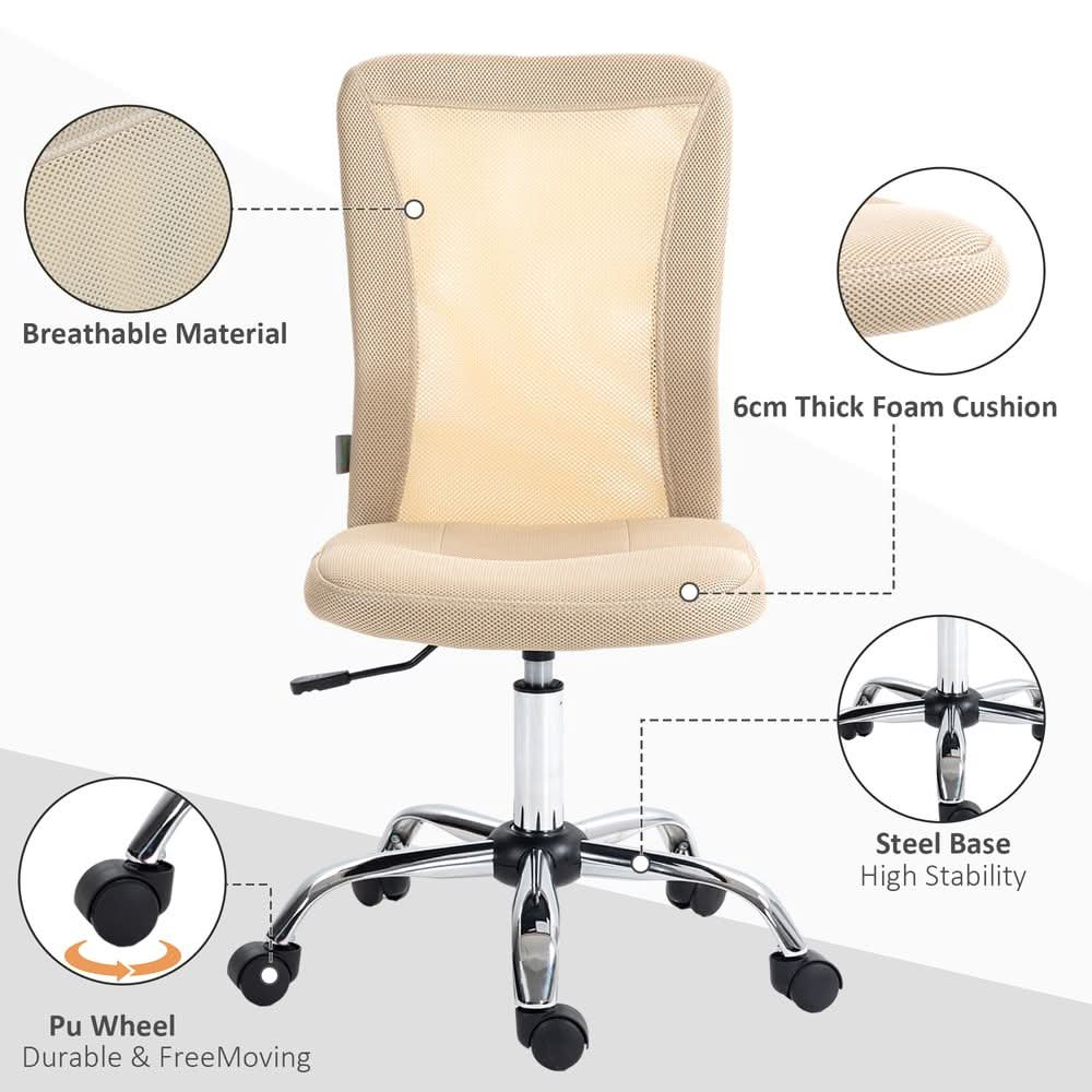 Vinsetto Armless Office Chair with Adjustable Height Mesh Back Wheels Beige