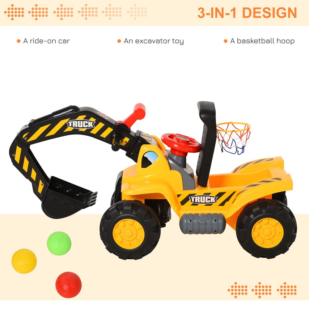 3-In-1 Kids Ride-On Tractor Scooter w/ Storage Basketball Net 3-8 Yrs