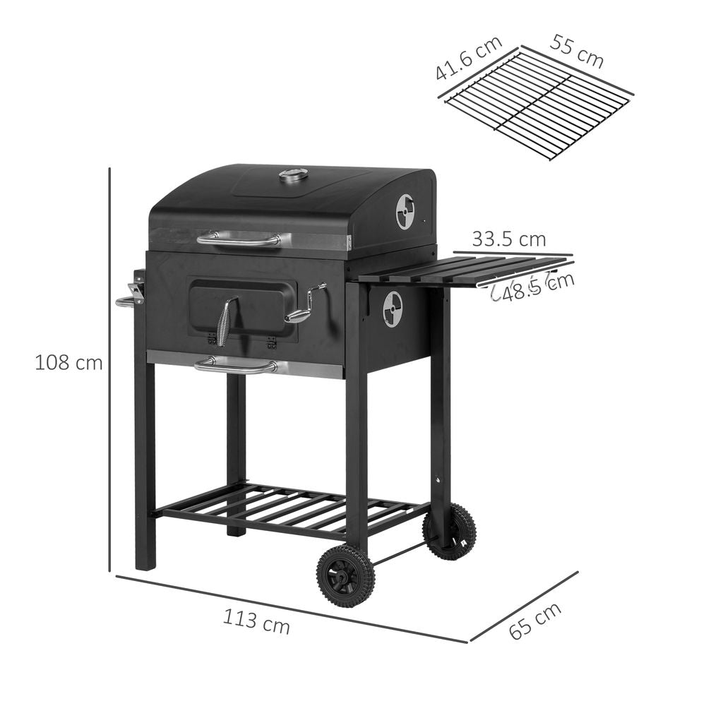 Outsunny Charcoal Grill BBQ Trolley Wheels Shelf Side Thermometer Steel Black