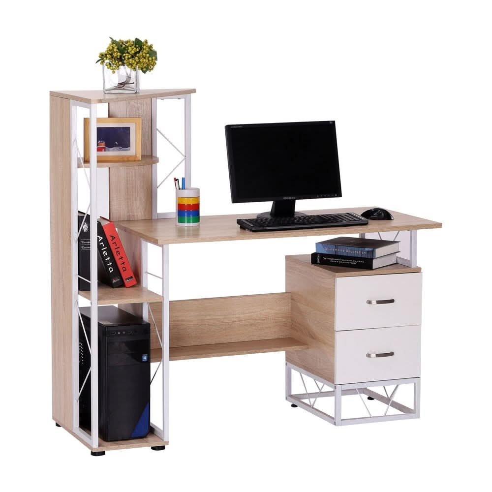 Workstation Computer Writing Desk W/2 Drawers Multi-Shelves-Oak/White