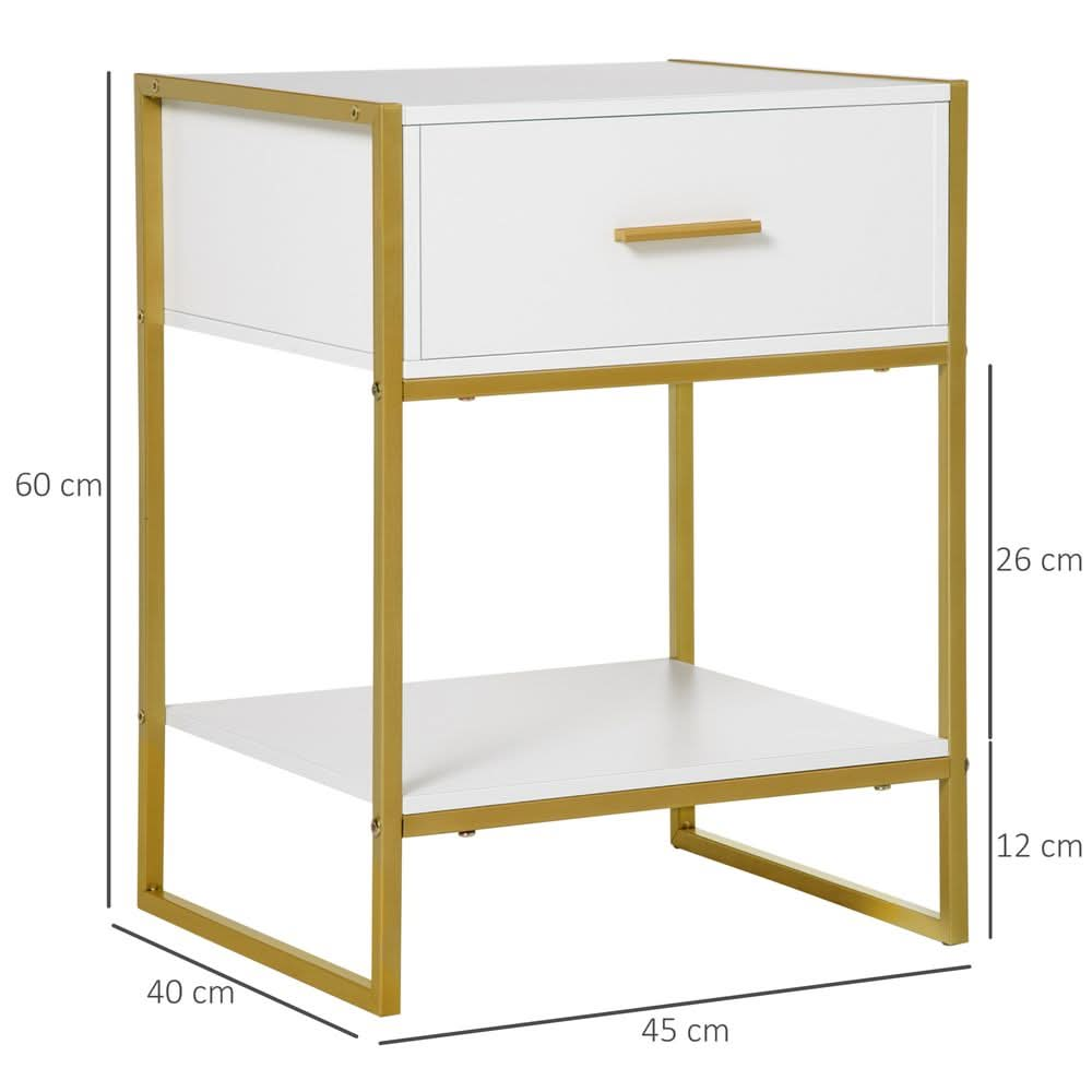 Modern Bedside Table Side Table Nightstand w/ Drawer Shelf White Gold