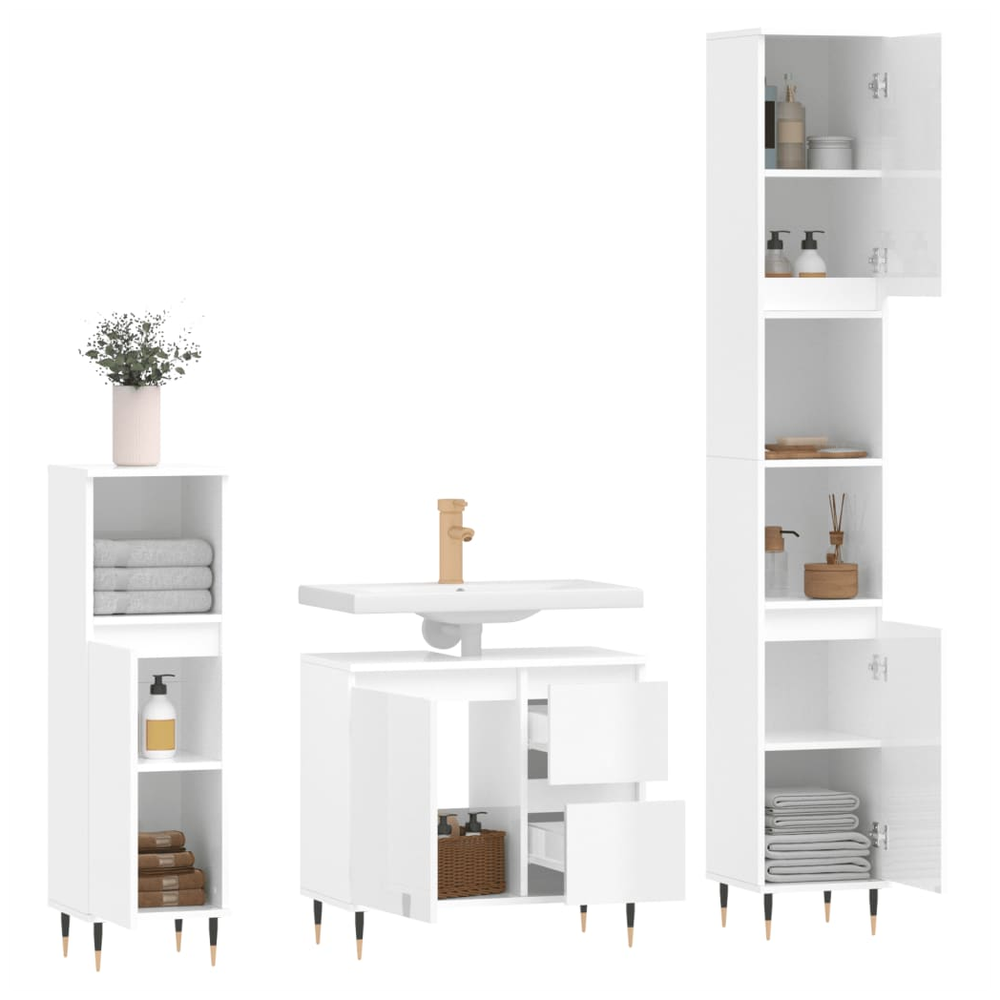 3 Piece Bathroom Furniture Set High Gloss White Engineered Wood