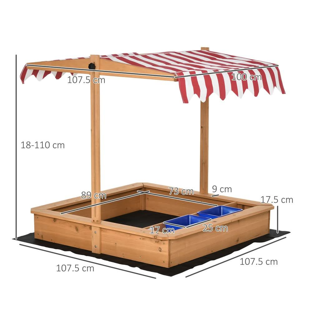 Kids Wooden Sandbox Sand Pit Height Adjustable with Canopy Basins Outsunny