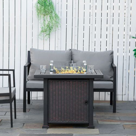 Outdoor Propane Gas Fire Pit Table Wind Screen & Glass Beads, Black Outsunny