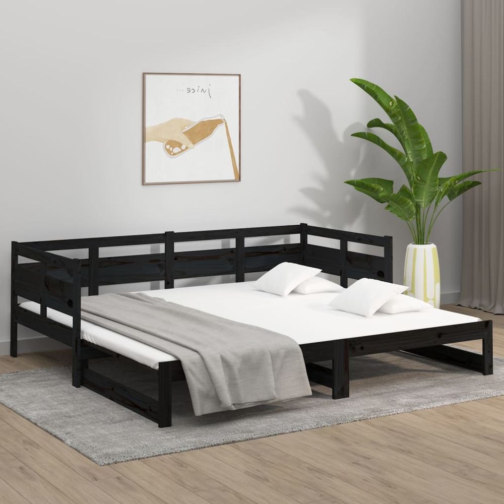 Pull-out Day Bed Black Solid Wood Pine 2x(90x200) cm