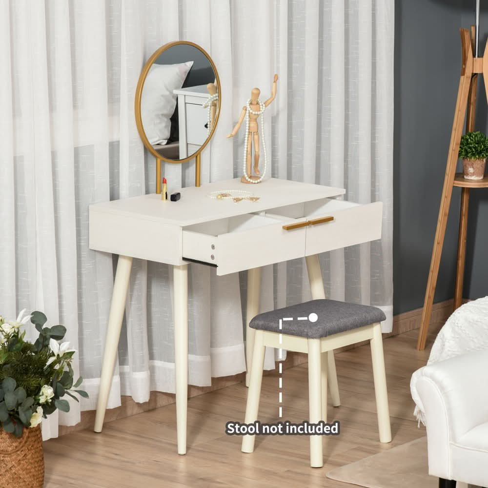 Modern Dressing Table with Round Mirror, Makeup Vanity Table with 2 Drawers White Desk w/ Mirror