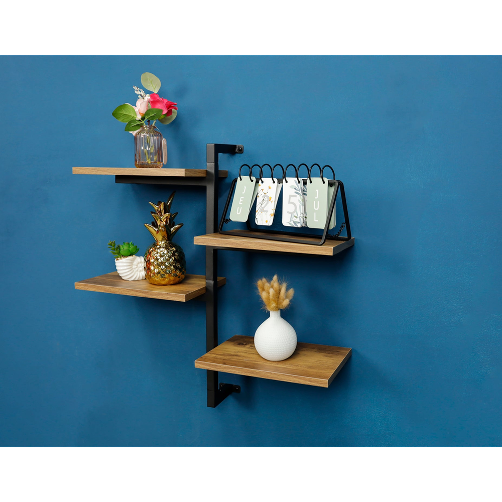 4 Tier Dark OAK Tall Multi Section Wall Shelf with Black Frame - PARGI