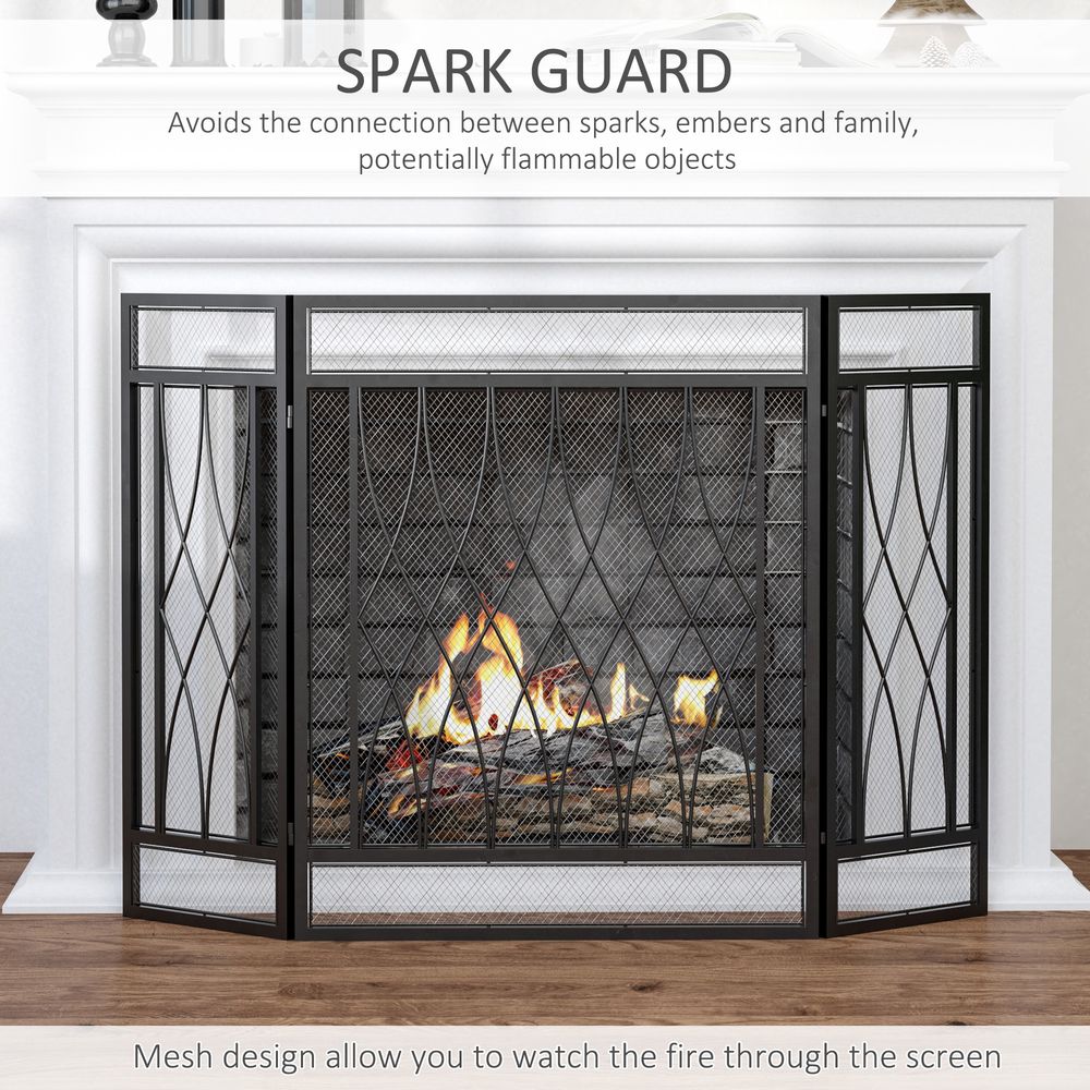 3-Panel Folding Fireplace Screen Metal Mesh Fire Spark Guard Black