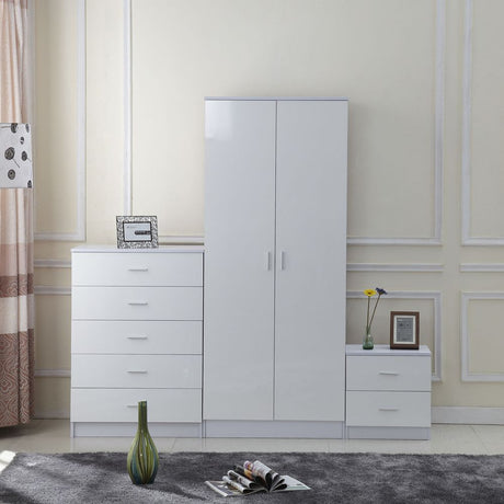 Tall White High Gloss Wardrobes 3 Pc Chest Bedside Table 7 Drawer