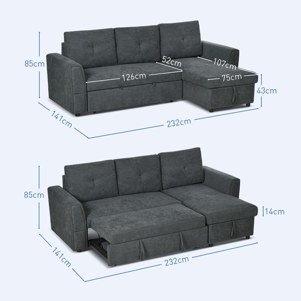 3 Seater Sofa Bed, Convertible Pull Out Sofa with Storage, Dark Grey