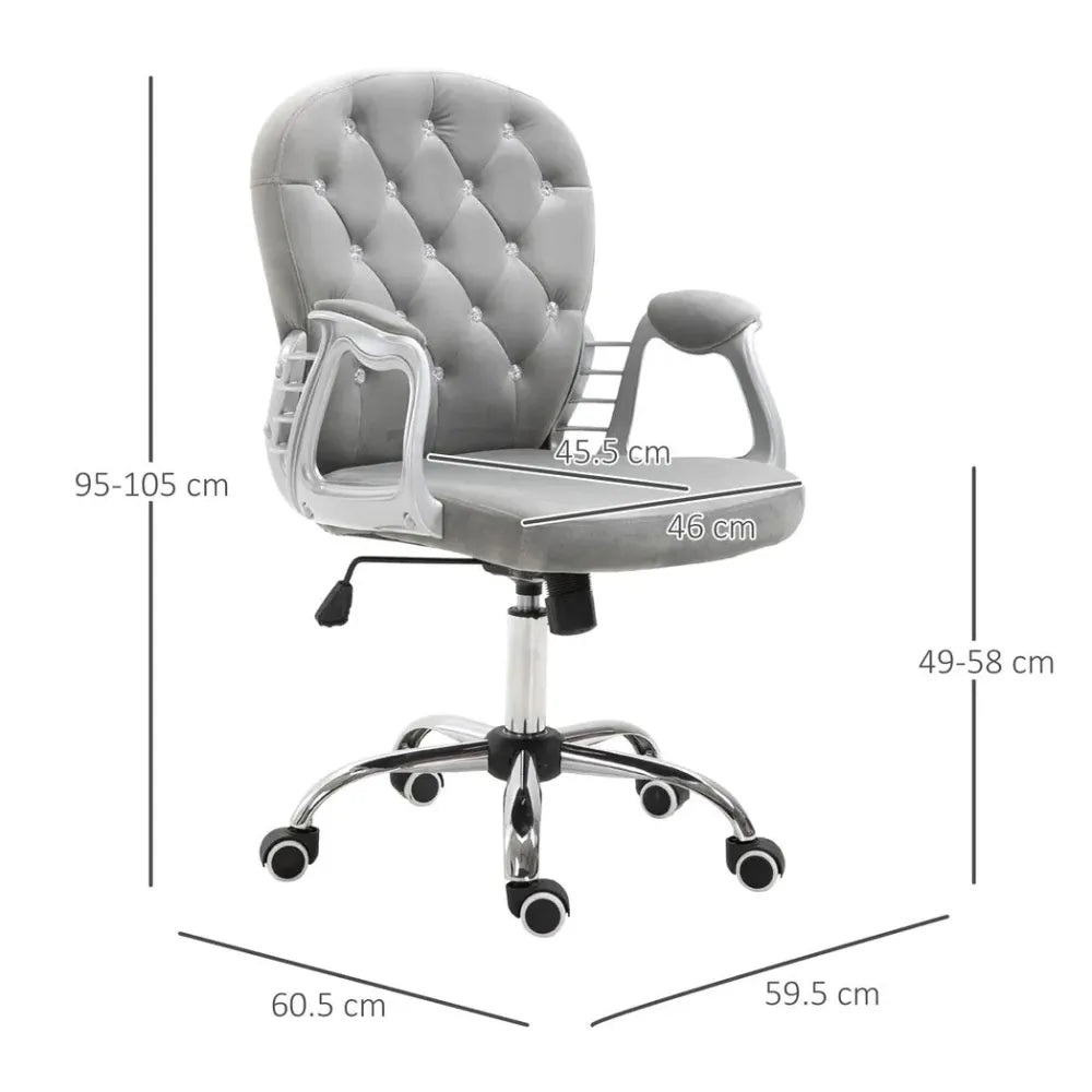 Office Chair Luxury Velour Diamond Tufted Padded Ergonomic 360 Swivel Grey