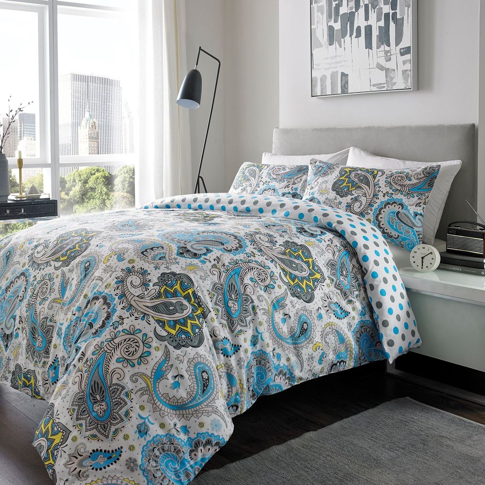 100% Brushed Cotton Duvet Set Paisley DOUBLE  BLUE GREY