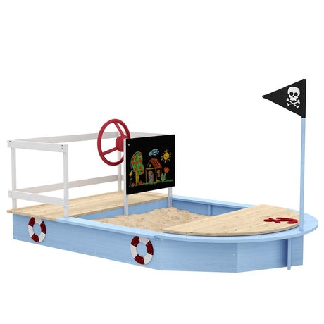 Sand Pit with Blackboard, Flag, Storage Deck for Outdoor Play, Blue