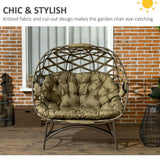 Outsunny 2 Seater Egg Chair Outdoor with Cushion, Cup Pockets - Khaki