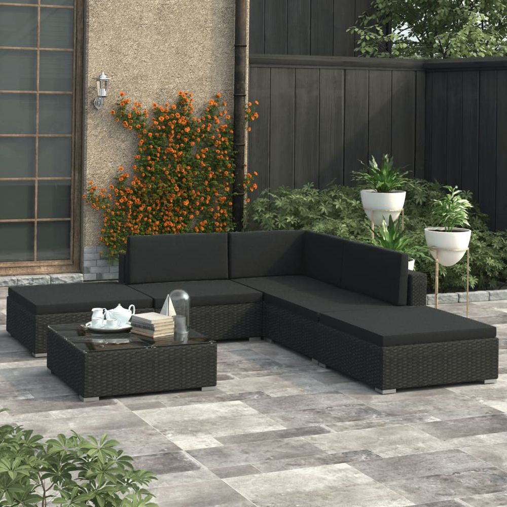 6 Piece Garden Lounge Set with Cushions Poly Rattan Black