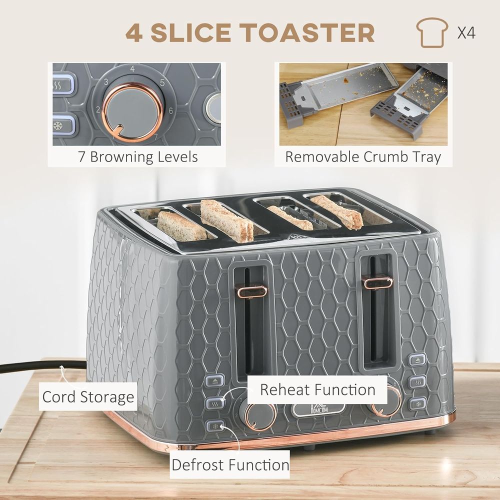 1.7L Kettle and Toaster Set with Defrost, Reheat and Crumb Tray, Grey