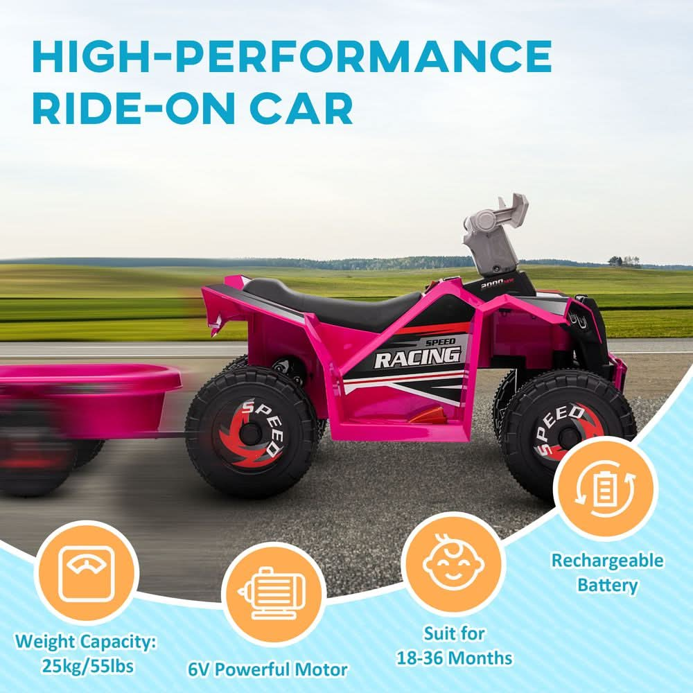 Electric Quad Bike, 6V Kids Ride On ATV w/ Back Trailer for 18-36 Months - Pink