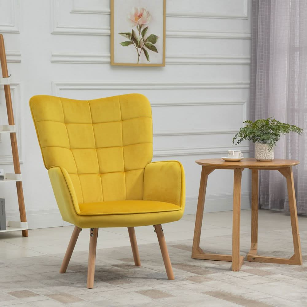 Modern Accent Chair Velvet-Touch Tufted Wingback Armchair, Yellow